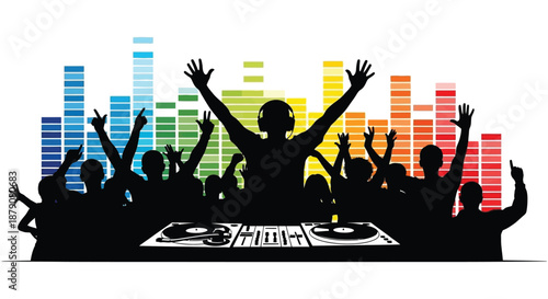 A vibrant depiction of a music festival with cheering crowds and an equalizer all presented in a striking silhouette high quality