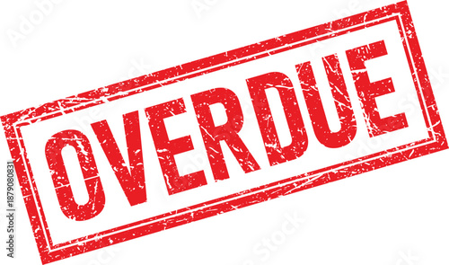 Red Overdue Text in Distressed Square Rubber Stamp Impression on White