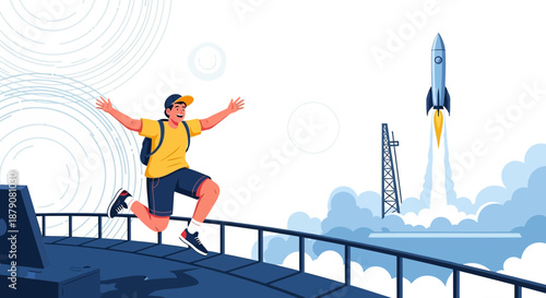 Man celebrates successful rocket launch symbolizing innovation and progress in space exploration