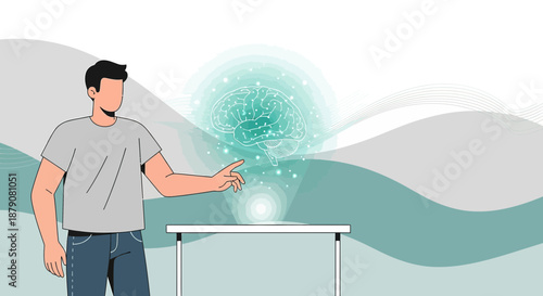 Man interacting with a brain hologram, futuristic technology and innovation concept with digital