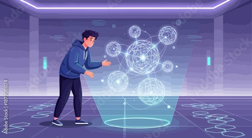 Man interacting with a holographic data display in a futuristic virtual reality setup