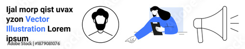 User profiles, customer support, marketing, communication tools, online identity, service interaction. Circular user profile icon, person pointing megaphone illustration. Customer support
