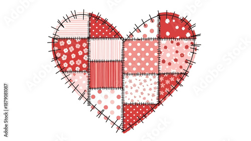 Heart shape made of red fabric patches with stitching detail love valentine