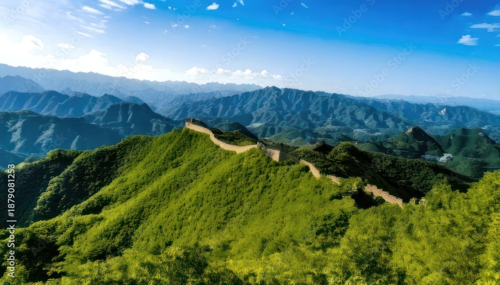 Fototapeta premium Majestic Great Wall of China winding through lush green mountains.