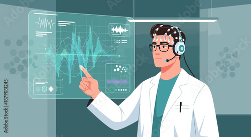 Medical professional analyzing brainwave data on advanced transparent display interface