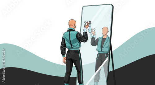 Mirror image representing reflection cleaning and self-improvement with faceless character