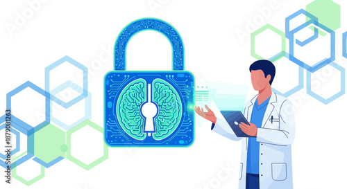Medical professional protecting patient data with cybersecurity measures and technological