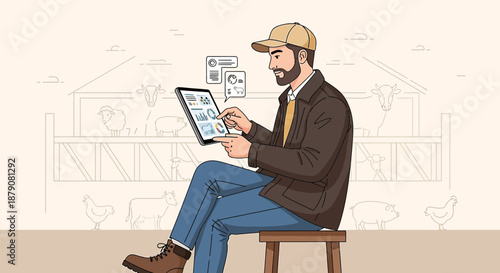 Modern agriculture: Farmer uses tablet for livestock management and farm automation analysis