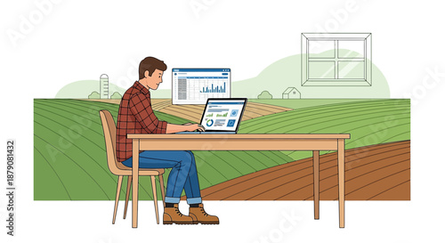 Modern farmer manages farm via laptop and software overlooking agricultural fields