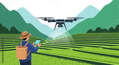 Modern Farming Technology with a Farmer and Drone in the Rice Fields, Precision agriculture and