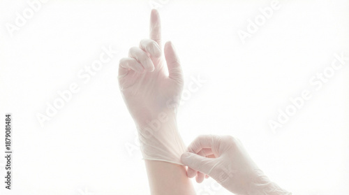 Experiment science people point show up concept. Close up photo of professional experienced doctor putting on white sterile rubber gloves isolated on white background copyspace empty blank place