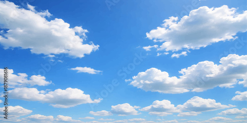 Beautiful fluffy white cumulus clouds drift across a clear blue summer sky in a bright natural day atmosphere filled with sunlight and airy beauty
