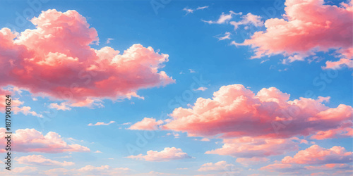 A beautiful bright sun shines through fluffy white clouds in a blue summer sky, creating a nature cloudscape filled with light and the beauty of the atmosphere