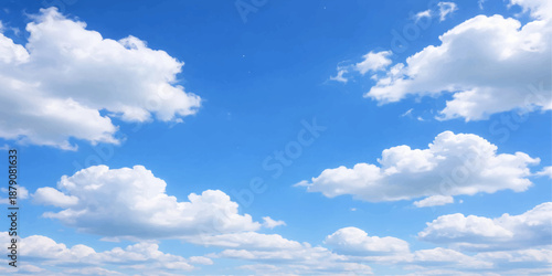 A beautiful clear blue sky features fluffy white cumulus clouds in a bright sunny nature day atmosphere