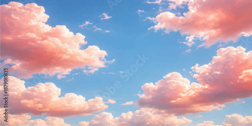 Beautiful fluffy white cumulus clouds drift across a clear blue sky on a sunny summer day creating a peaceful nature view of the bright atmosphere