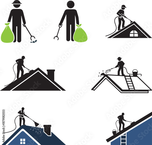 Set of cleaning icons, silhouette vector image illustrating various cleaning tasks, including garbage collection, roof sweeping, and exterior maintenance with pressure washers