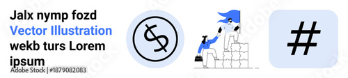 Dollar icon, workers climbing blocks, metadata tag creativity, teamwork, progress, growth, economy, organization finance. Ideal for blog headers websites business strategy financial apps
