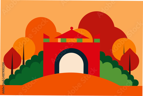 An Arched Orange Bridge Leading The Viewer S Eye Across Water