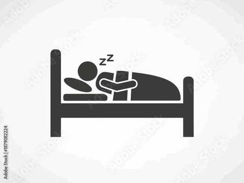 A black and white icon of a person sleeping peacefully in bed