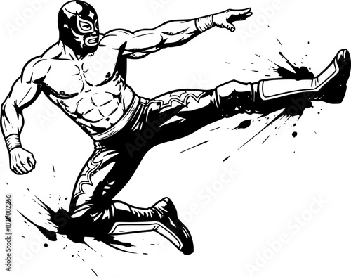 Monochrome Sumi-e Illustration of a Powerful Male Luchador Figur
