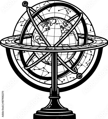 Detailed Illustration of an Armillary Sphere against a White Bac

