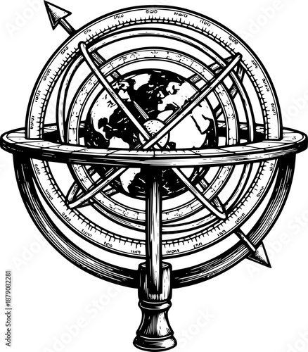 Detailed Illustration of an Armillary Sphere against a White Bac
