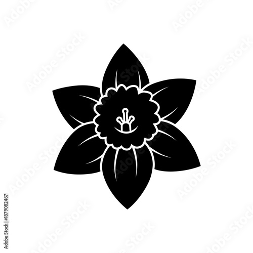 Black solid silhouette icon of a daffodil flower, Saint David’s Day symbol, flat vector style, clean edges, no outline