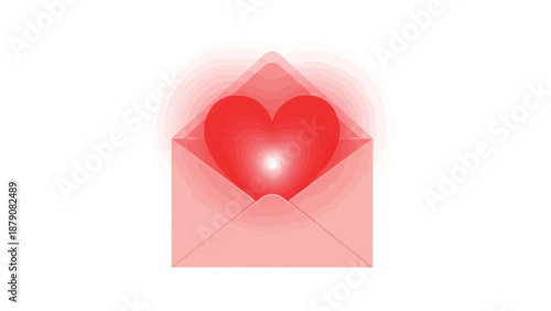 Pink envelope with glowing red heart emerging on white background love romance