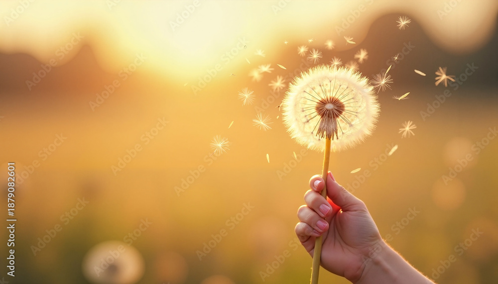 Fototapeta premium Hand holding dandelion flower with seeds drifting in sunset light 