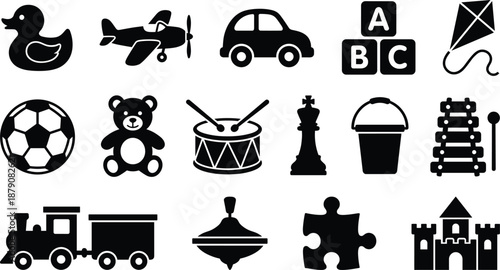 Black And White Vector Icon Set Of Childrens Toys Featuring Duck Airplane Car Alphabet Blocks Kite Soccer Ball Teddy Bear Drum Train And Castle