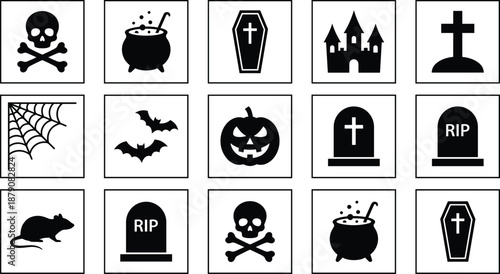 Black And White Vector Icon Set Of Halloween Symbols Featuring Skulls Gravestones Bats Pumpkins Castles Coffins And Cauldrons For Spooky Holiday Party And Design