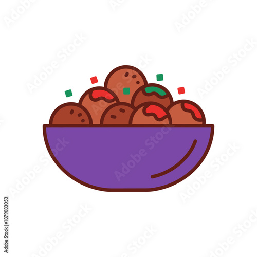 Vector animation style icon of meatballs in a bowl, flat design, solid color palette, minimal detail, no gradient