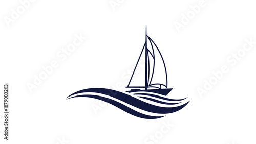 Minimalist dark blue sailboat logo with ocean waves on an isolated white background, representing journey, elegance, and maritime adventure.
