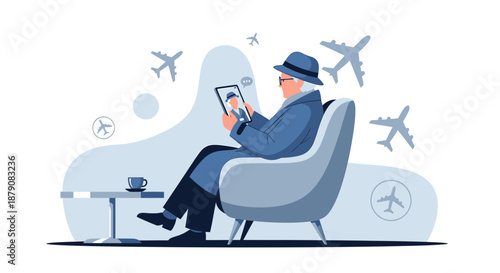 Elderly man video calling on a tablet in airport lounge with planes soaring in the background