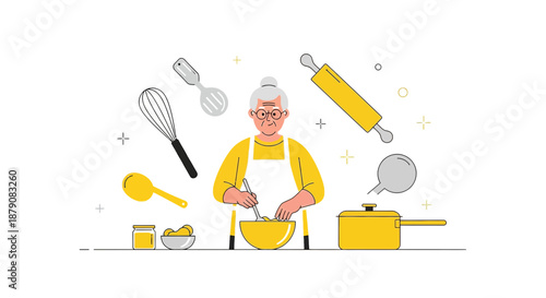 Elderly woman enjoys baking time with cooking utensils illustration in kitchen setting