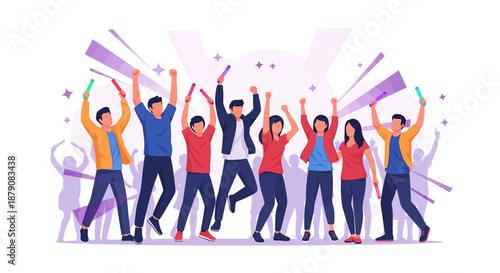 Enthusiastic crowd celebrating a victory with joyous expressions and raised hands with props