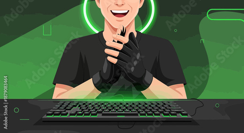 Enthusiastic gamer wearing gloves and holding hands together in anticipation and excitement