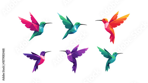 Geometric Hummingbirds in Flight, Flat Design Vector Illustration