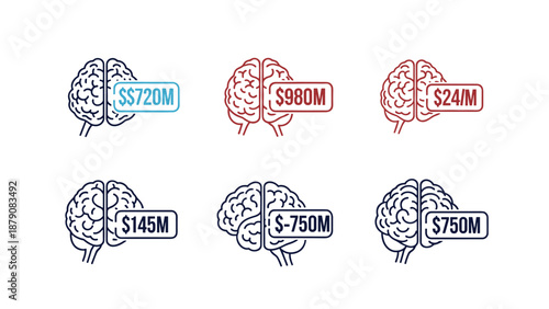 Brain with Money Icons: $720M and $145M values, flat design illustration