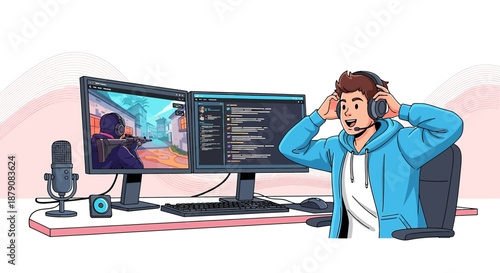Excited gamer live streaming with dual monitors setup engaging with online community