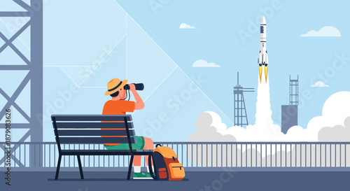 Excited Tourist Watching a Majestic Rocket Launch with Binoculars, Aspiration and Exploration