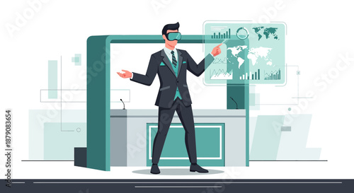 Executive in augmented reality presenting global data analysis and future trends