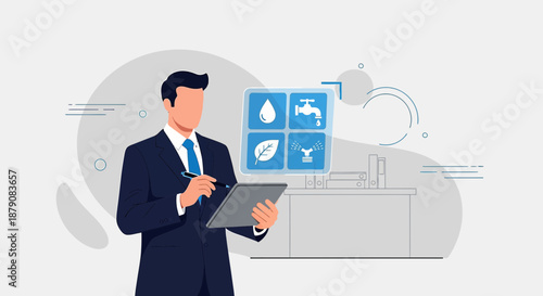 Executive analyzing water resource management on a digital interface technology for future