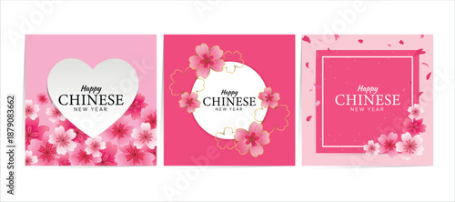 Pink Chinese New Year greeting design with cherry blossoms suitable for social media post