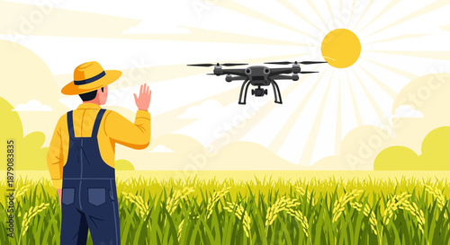 Farmer using drone technology for precision agriculture on a sunny day harvesting season