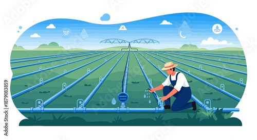 Farmer tending to irrigation system in cultivated fields demonstrating agricultural technology and