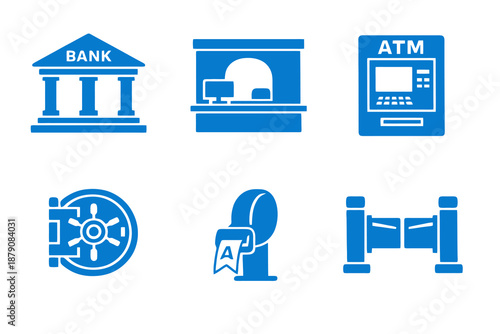 Financial branch icons set featuring bank spaces, security areas and service points. Clean monocromatic flat vector icons with minimal design for digital platforms and interfaces.