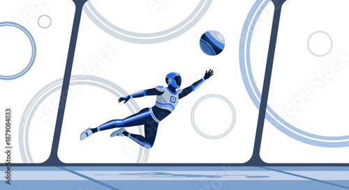 Futuristic athlete in zero gravity environment reaching for a digital ball with precision and