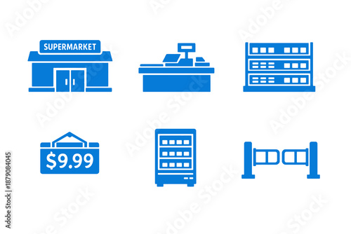 Grocery store facility icons set featuring aisles, counters and internal store areas. Clean monocromatic flat vector icons with minimal design for digital platforms and interfaces.