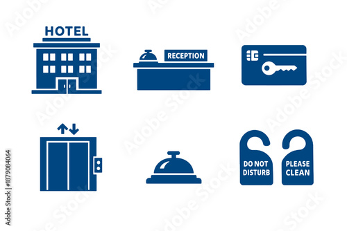 Accommodation facility icons set featuring hotel infrastructure and guest services. Clean monocromatic flat vector icons with minimal design for digital platforms and interfaces.